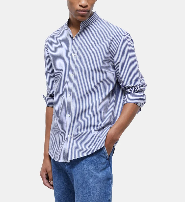 men's office shirts -Blue-striped Shirt With Officer Collar