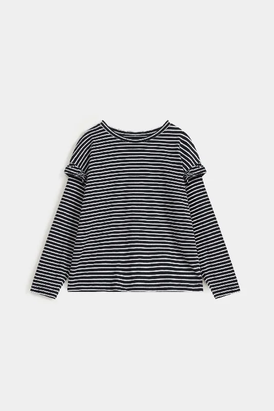 men's comfortable graphic t-shirts -Horizontal Striped T-Shirt With Frill Detail