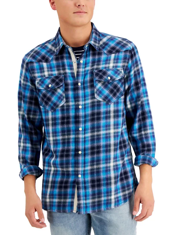 men's short-sleeve business shirts -Mens Flannel Plaid Western Shirt