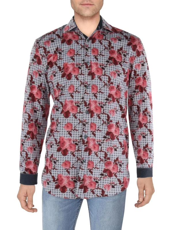 men's relaxed office shirts -Mens Slim Fit Floral Print Button-Down Shirt