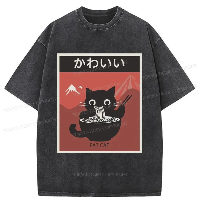 men's comfort t-shirts -Tokyo-Tiger Black Cat Eating Ramen Washed T-Shirt