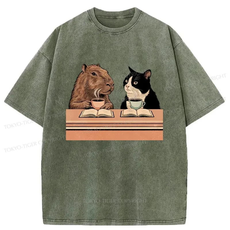 men's comfy basic tees -Tokyo-Tiger Capybara And Cat Talk Washed T-Shirt