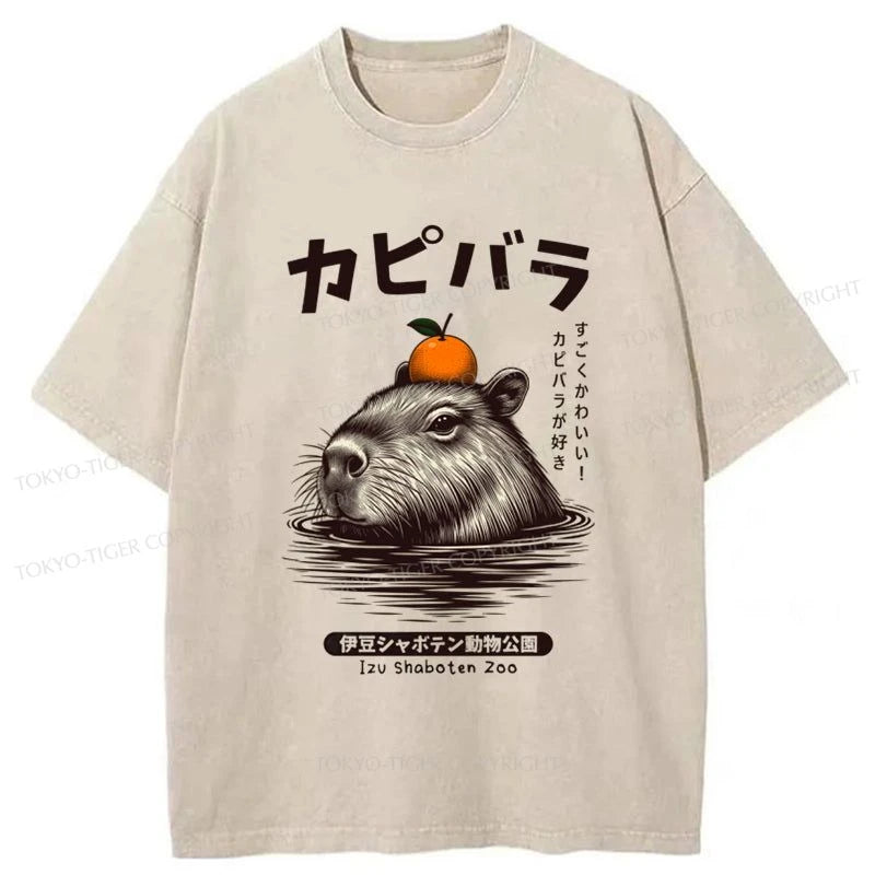 men's stylish polo t-shirts -Tokyo-Tiger Capybara Hot Spring Washed T-Shirt