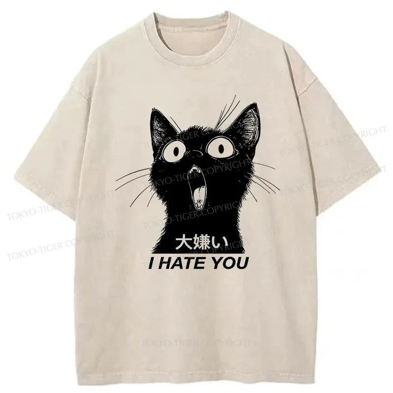 men's printed casual t-shirts -Tokyo-Tiger Cat Hate Your Japan Washed T-Shirt