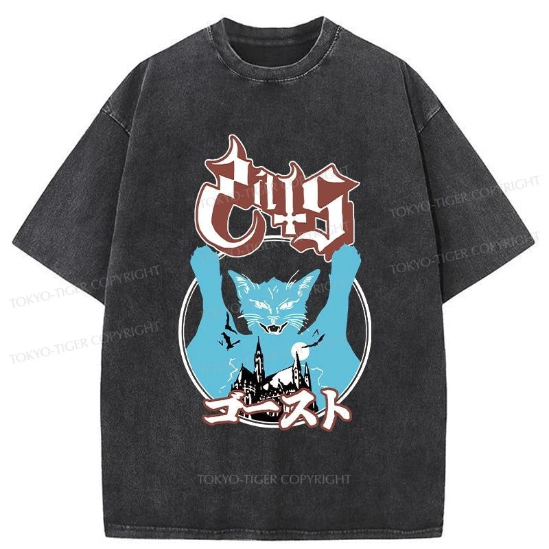 men's colorful graphic t-shirts -Tokyo-Tiger Cat Heavy Metal Band Washed T-Shirt