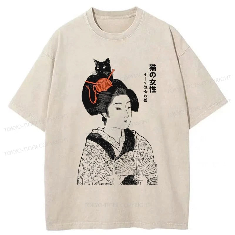 men's minimalist t-shirts -Tokyo-Tiger Cat Lady With Her Cat Washed T-Shirt