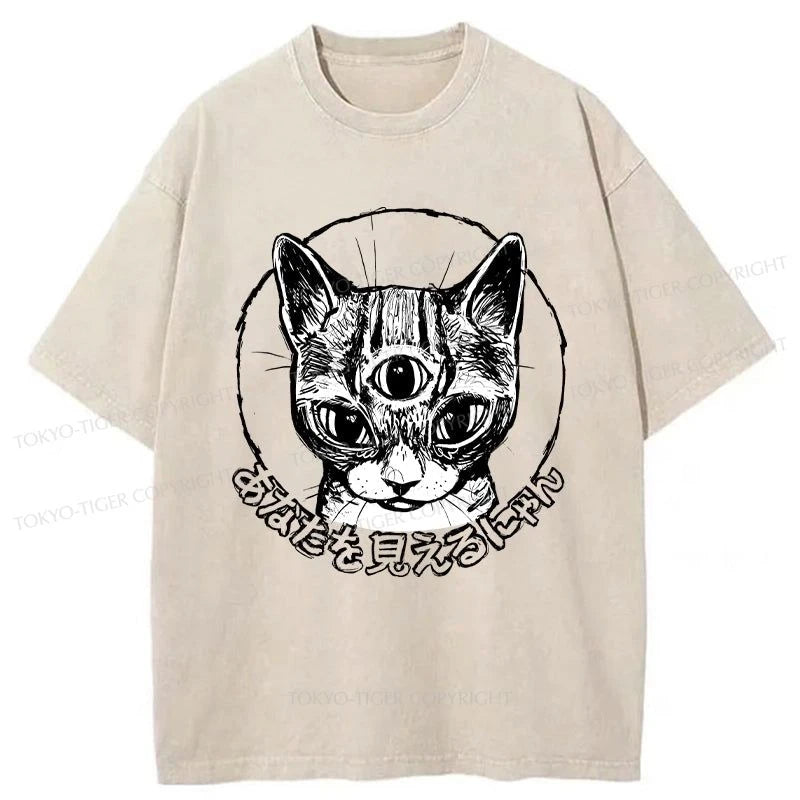 men's personalized t-shirts -Tokyo-Tiger Cat With Third Eye Washed T-Shirt