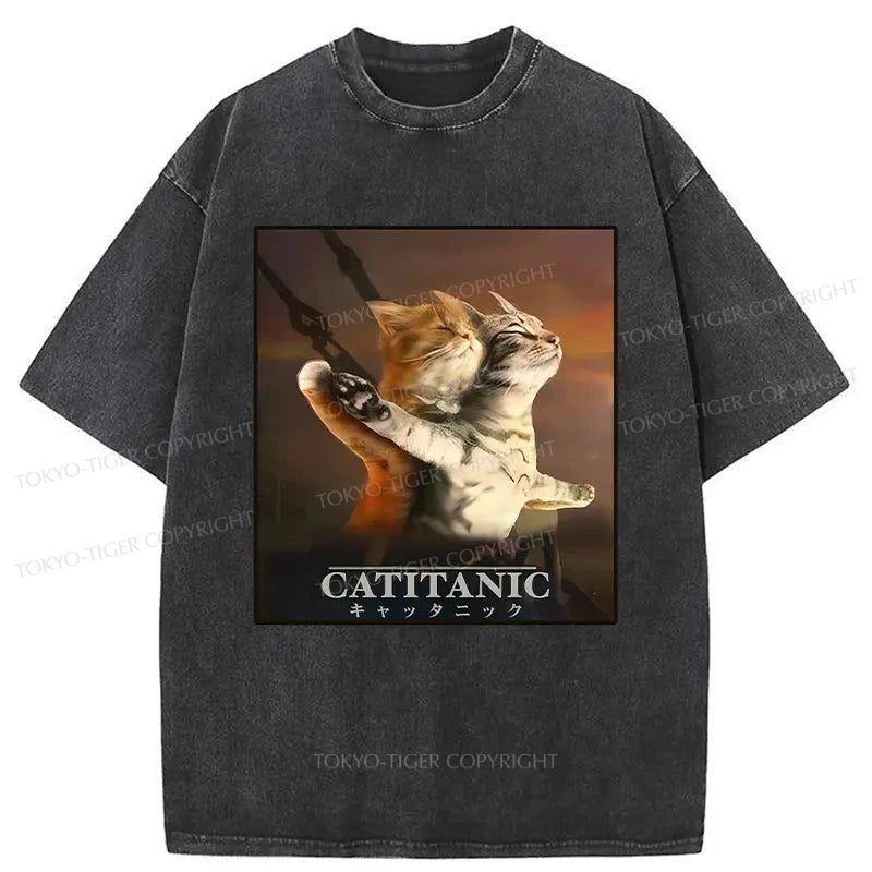 men's funny graphic t-shirts -Tokyo-Tiger Catitanic Japanese Washed T-Shirt