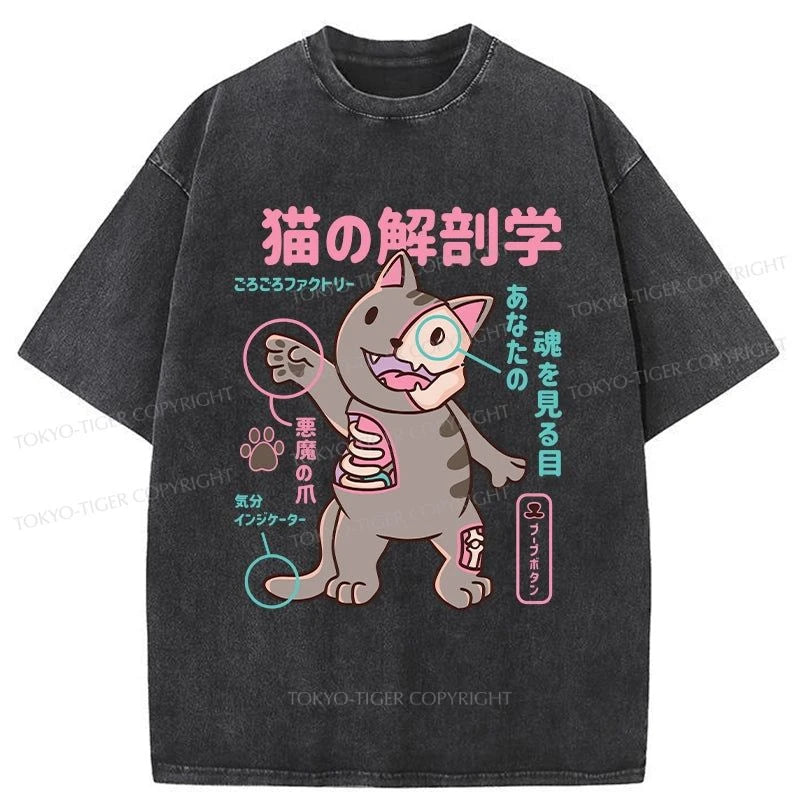 men's athletic style t-shirts -Tokyo-Tiger Cat's Body Organ Functions Washed T-Shirt