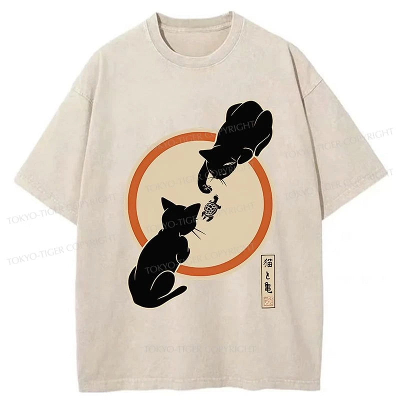 men's stylish t-shirts -Tokyo-Tiger Cats Teasing Turtle Washed T-Shirt