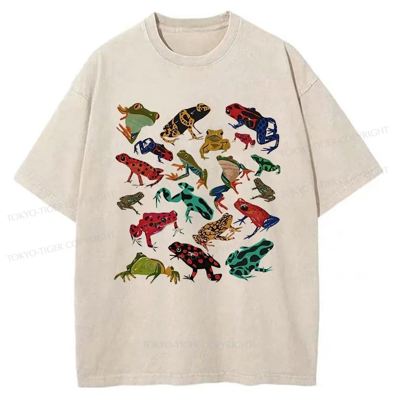 men's eco-friendly t-shirts -Tokyo-Tiger Colorful Frogs Of Various Shapes Washed T-Shirt