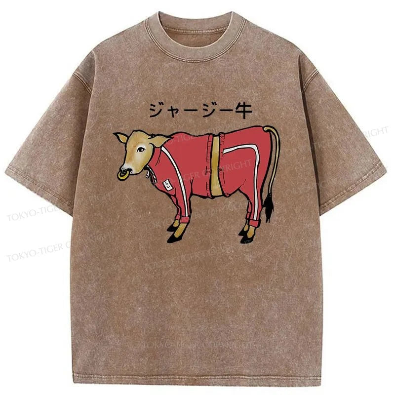 trendy graphic tees for men -Tokyo-Tiger Cow In Clothes Japanese Washed T-Shirt