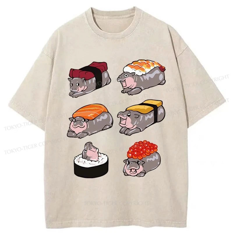 men's printed tees for casual wear -Tokyo-Tiger Cute Hippo Sushi Washed T-Shirt