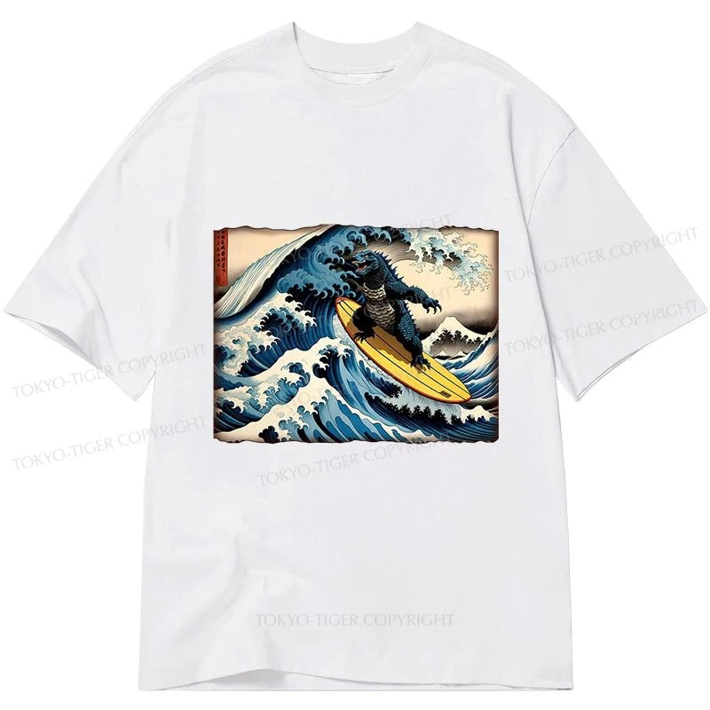 men's premium cotton t-shirts -Tokyo-Tiger Dinosaur Surfing Japanese Classic T-Shirt