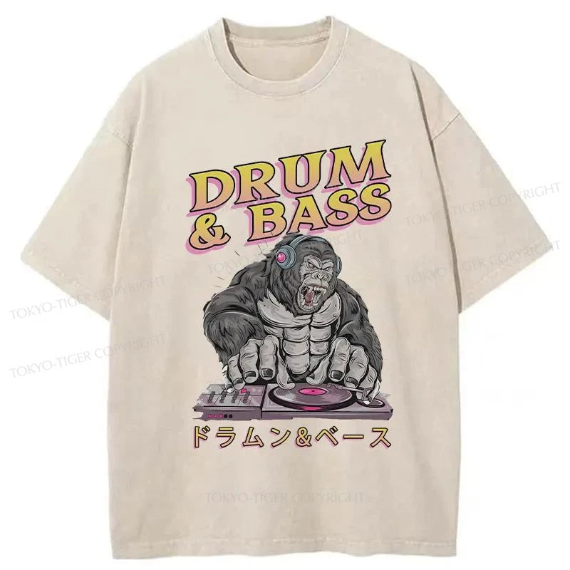 men's athletic fit graphic t-shirts -Tokyo-Tiger Drum&Bass DJ Gorilla Washed T-Shirt