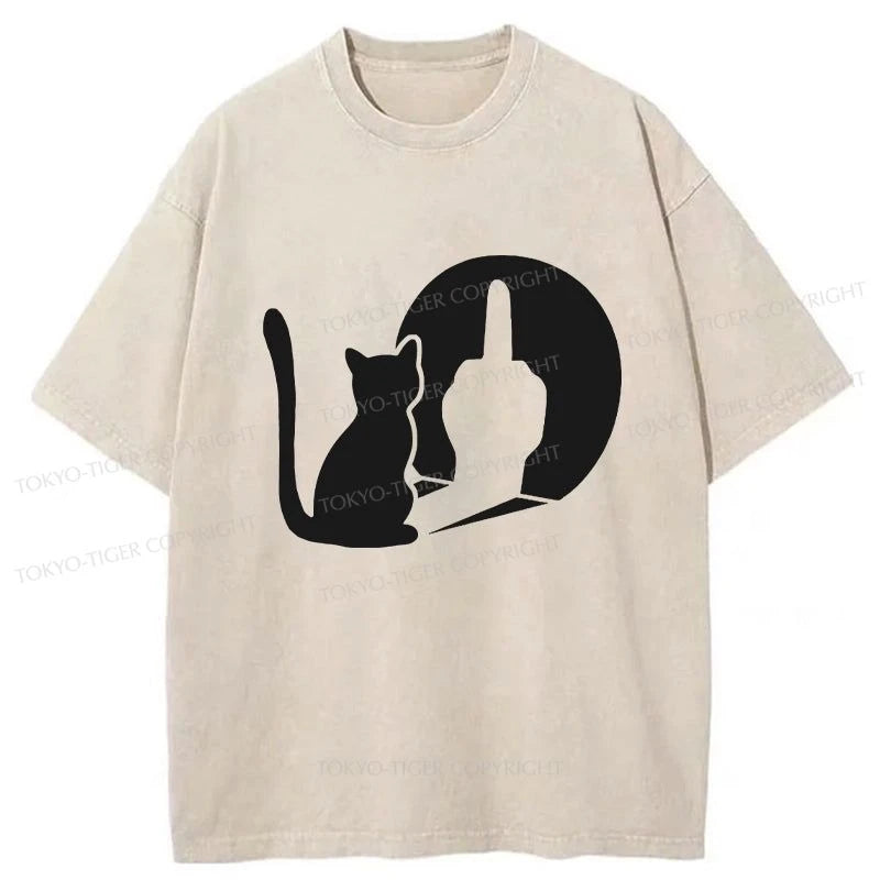 men's printed tees for casual wear -Tokyo-Tiger Funny Cat Shadow Washed T-Shirt