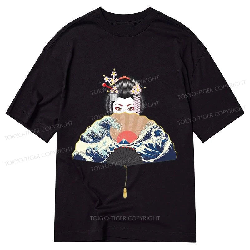 trendy casual t-shirts for men -Tokyo-Tiger Geisha Fan Wave Retro Japanese Classic T-Shirt