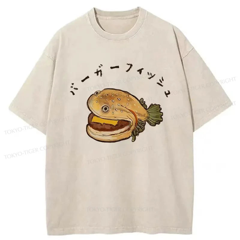 men's high-performance t-shirts -Tokyo-Tiger Hamburger Fish Japanese Washed T-Shirt