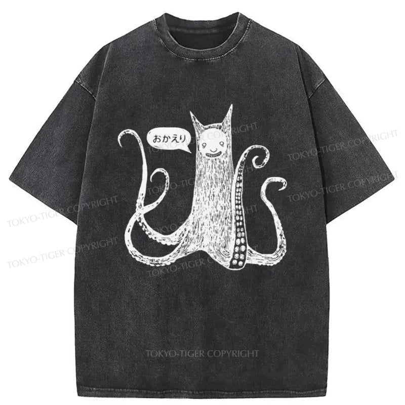 men's comfortable long-sleeve tees -Tokyo-Tiger Horrible Octopus Monster Washed T-Shirt