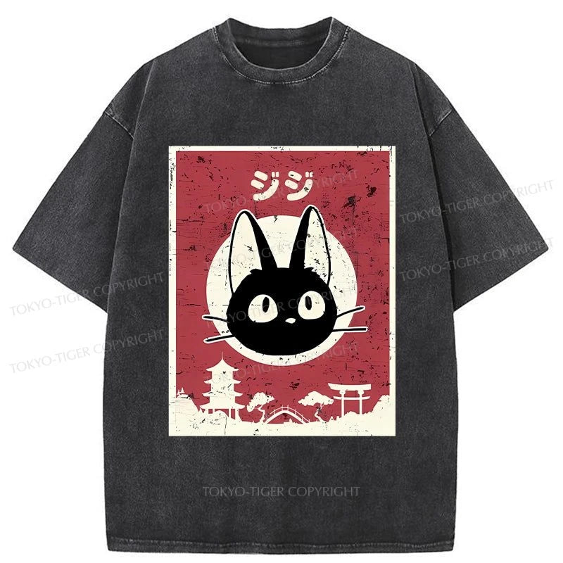 men's printed slogan t-shirts -Tokyo-Tiger Japanese Cute Black Cat Washed T-Shirt