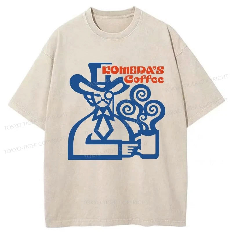 men's printed tees for casual wear -Tokyo-Tiger Japanese Merchant Drinking Coffee Washed T-Shirt