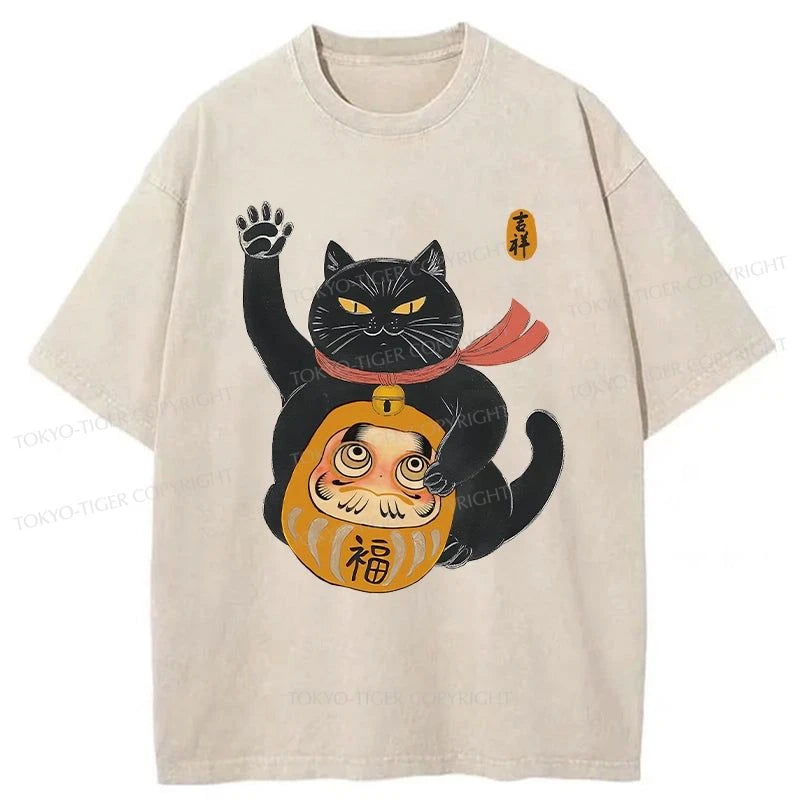 men's casual summer t-shirts -Tokyo-Tiger Lucky Cat And Daruma Washed T-Shirt