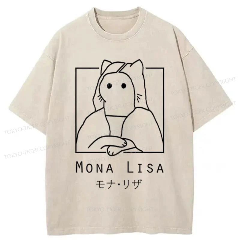 men's printed slogan t-shirts -Tokyo-Tiger Mona Lisa Cat Japan Washed T-Shirt