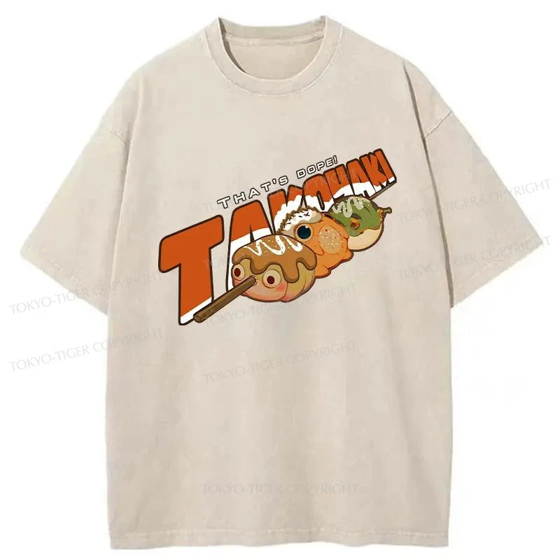 men's soft cotton t-shirts -Tokyo-Tiger Octopus Balls Skewers Washed T-Shirt