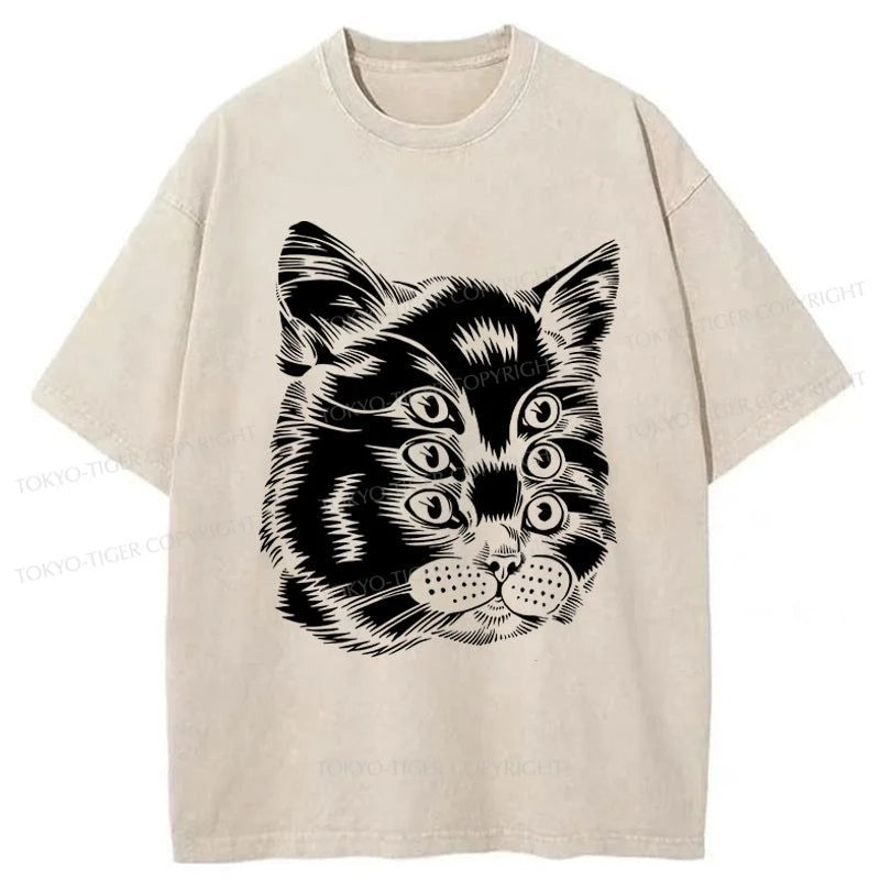 men's v-neck t-shirts -Tokyo-Tiger Six-eyed Cat Japan Washed T-Shirt