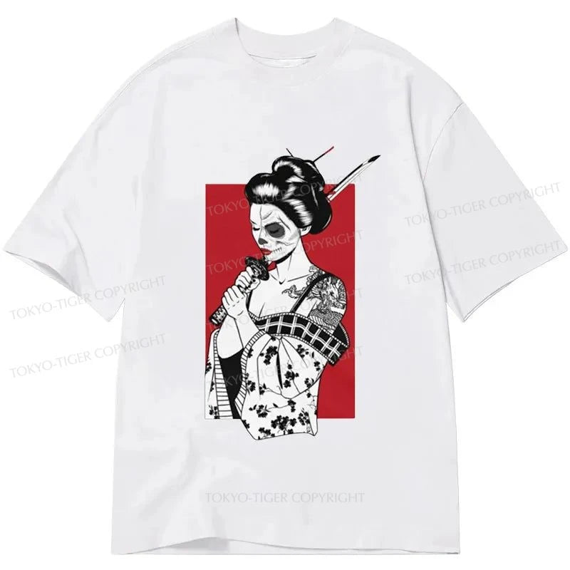 men's graphic crewneck t-shirts -Tokyo-Tiger Skull Samurai Geisha Classic T-Shirt