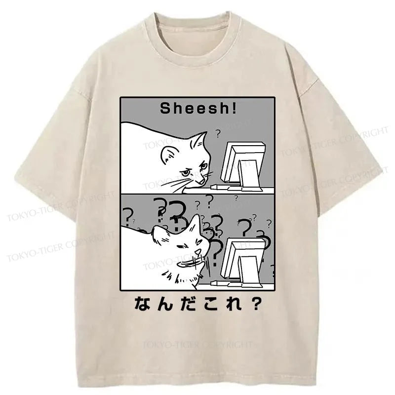 men's athletic style t-shirts -Tokyo-Tiger Suspicious Cat Japan Washed T-Shirt