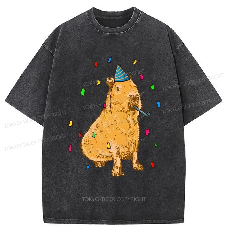 men's fun graphic t-shirts -Tokyo-Tiger Today Is Capybara's Birthday Washed T-Shirt