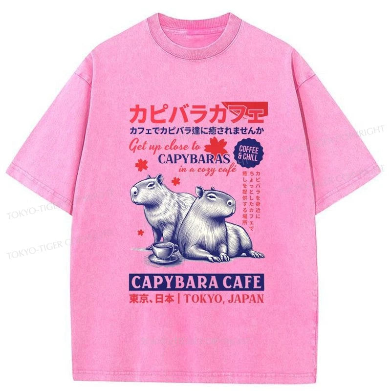 men's comfy basic tees -Tokyo-Tiger Tokyo Japan Capybara Cafe Washed T-Shirt