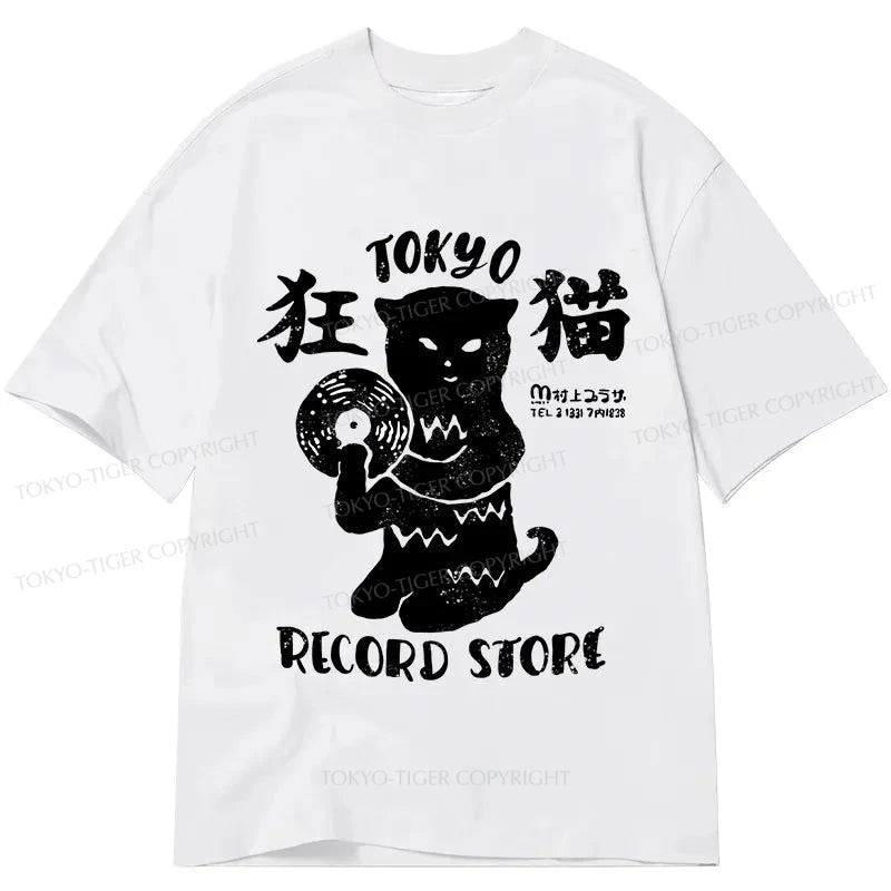 men's cool print t-shirts -Tokyo-Tiger Tokyo Record Store Cat CD Classic T-Shirt