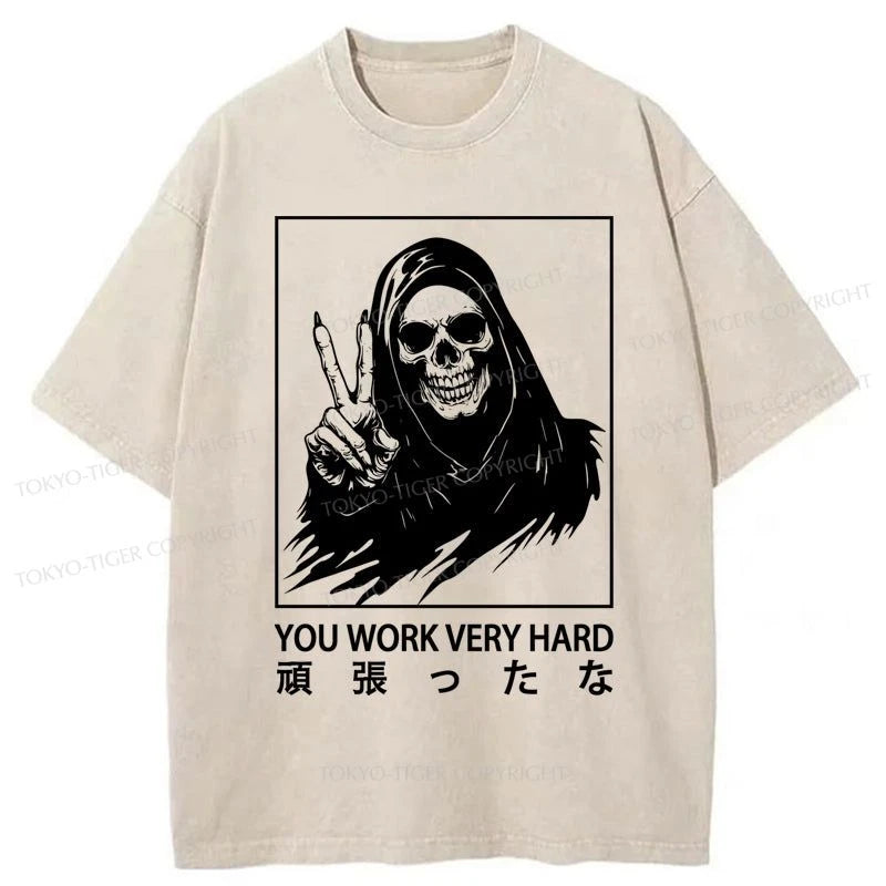 men's printed tees for casual wear -Tokyo-Tiger Victory And Peace Of The Skeleton Washed T-Shirt