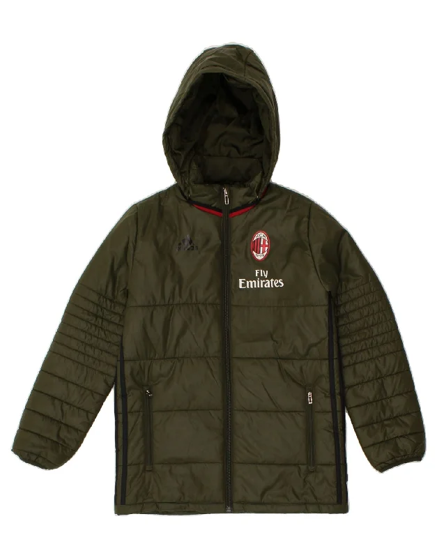 men's zip jackets for hiking -ADIDAS Boys AC Milan Hooded Padded Jacket 9-10 Years Khaki Polyester