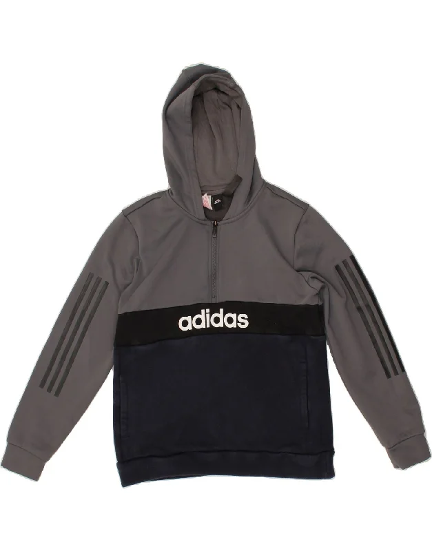 men's hoodie with drawstrings -ADIDAS Boys Aeroready Graphic Hoodie Jumper 13-14 Years Grey Colourblock