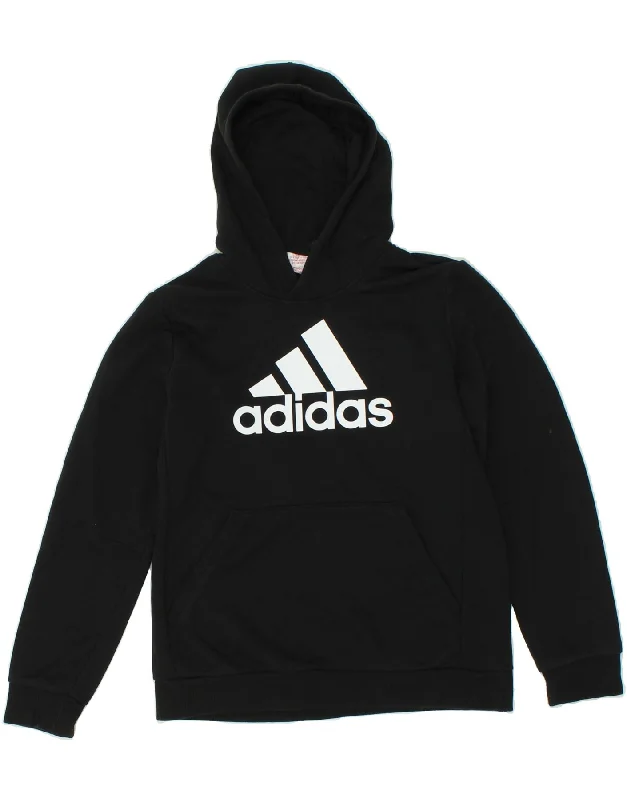 men's casual fleece hoodies -ADIDAS Boys Graphic Hoodie Jumper 13-14 Years Black Cotton