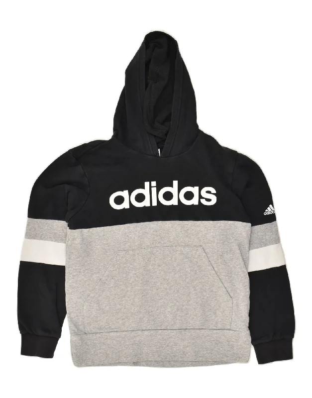 men's printed hoodies for winter -ADIDAS Boys Graphic Hoodie Jumper 13-14 Years Grey Colourblock Cotton