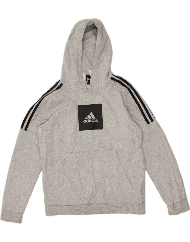 men's hoodie for hiking -ADIDAS Boys Graphic Hoodie Jumper 13-14 Years Grey Cotton