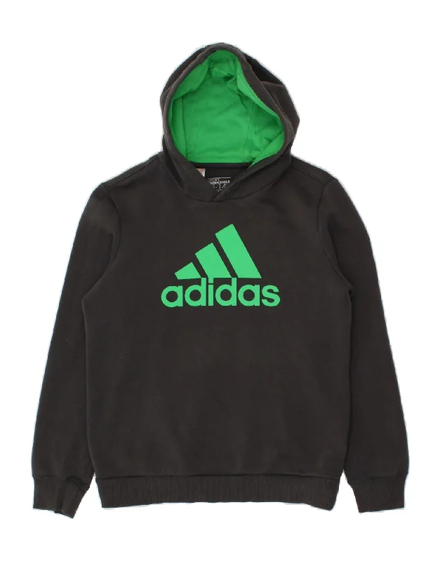 men's fashion sweatshirts -ADIDAS Boys Graphic Hoodie Jumper 13-14 Years Grey Cotton