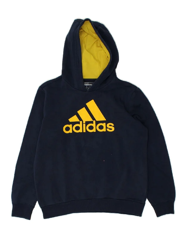 men's casual sweatshirts -ADIDAS Boys Graphic Hoodie Jumper 13-14 Years Navy Blue Cotton