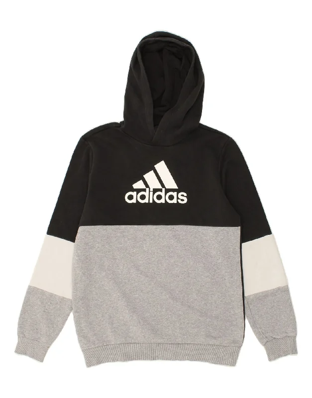 men's lightweight fleece hoodies -ADIDAS Boys Graphic Hoodie Jumper 15-16 Years Black Colourblock Cotton