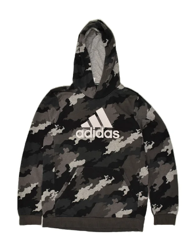 men's hoodie for gym -ADIDAS Boys Graphic Hoodie Jumper 15-16 Years Grey Camouflage Cotton