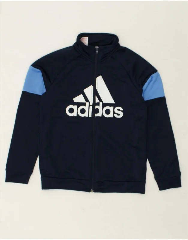 men's leather biker jackets -ADIDAS Boys Graphic Tracksuit Top Jacket 11-12 Years Navy Blue Colourblock