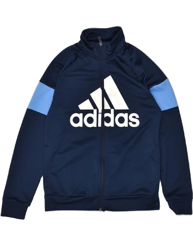 men's packable rain jackets -ADIDAS Boys Graphic Tracksuit Top Jacket 13-14 Years Navy Blue Colourblock