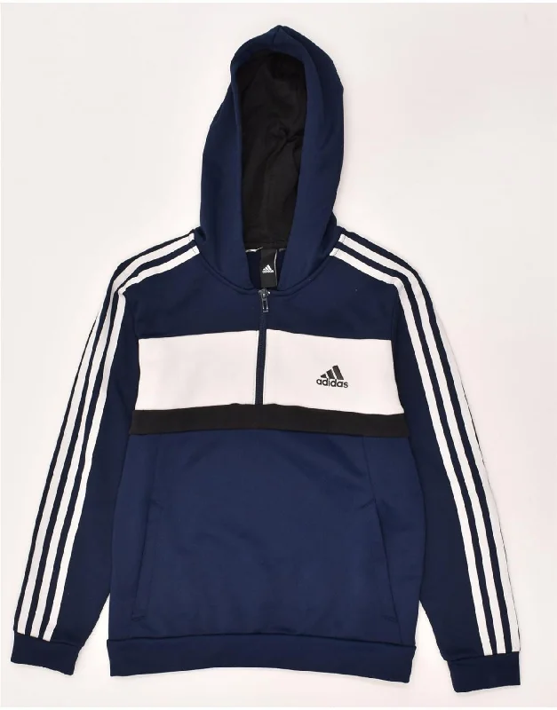 men's hoodie sweatshirt with graphics -ADIDAS Boys Graphic Zip Neck Hoodie Jumper 9-10 Years Navy Blue Polyester