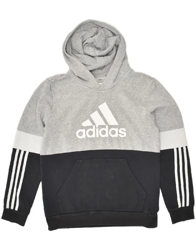 men's workout zip-up hoodies -ADIDAS Boys Hoodie Jumper 12-13 Years Grey Colourblock