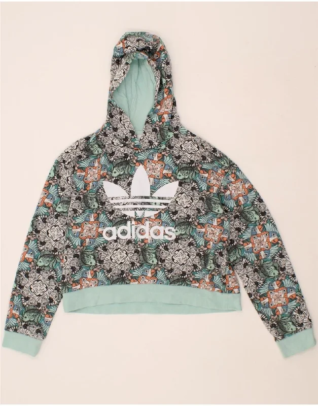 men's pullover sweatshirts -ADIDAS Girls Crop Graphic Hoodie Jumper 11-12 Years Turquoise Floral