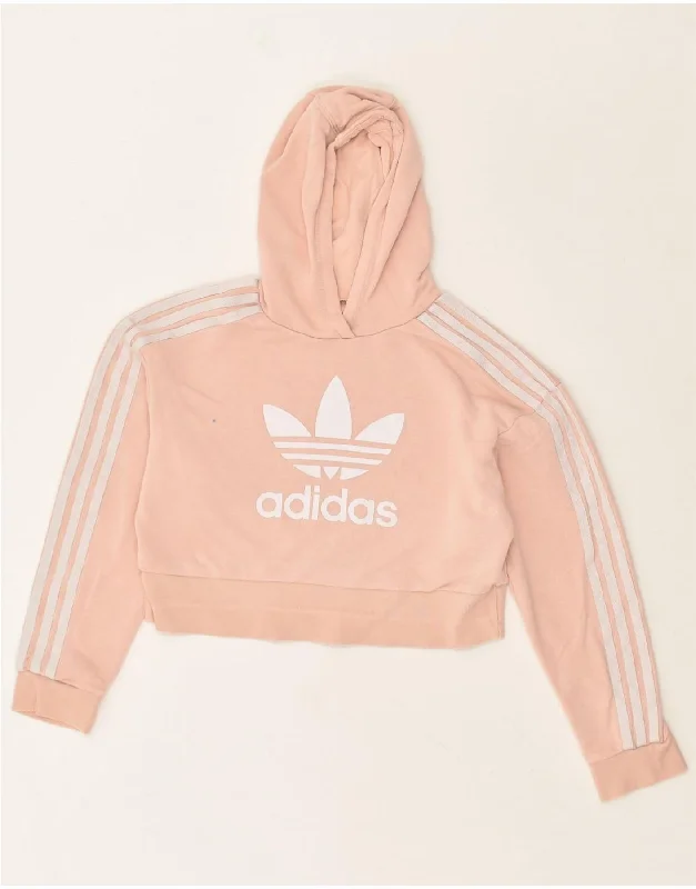 men's sporty sweatshirts -ADIDAS Girls Graphic Crop Hoodie Jumper 9-10 Years Pink Cotton